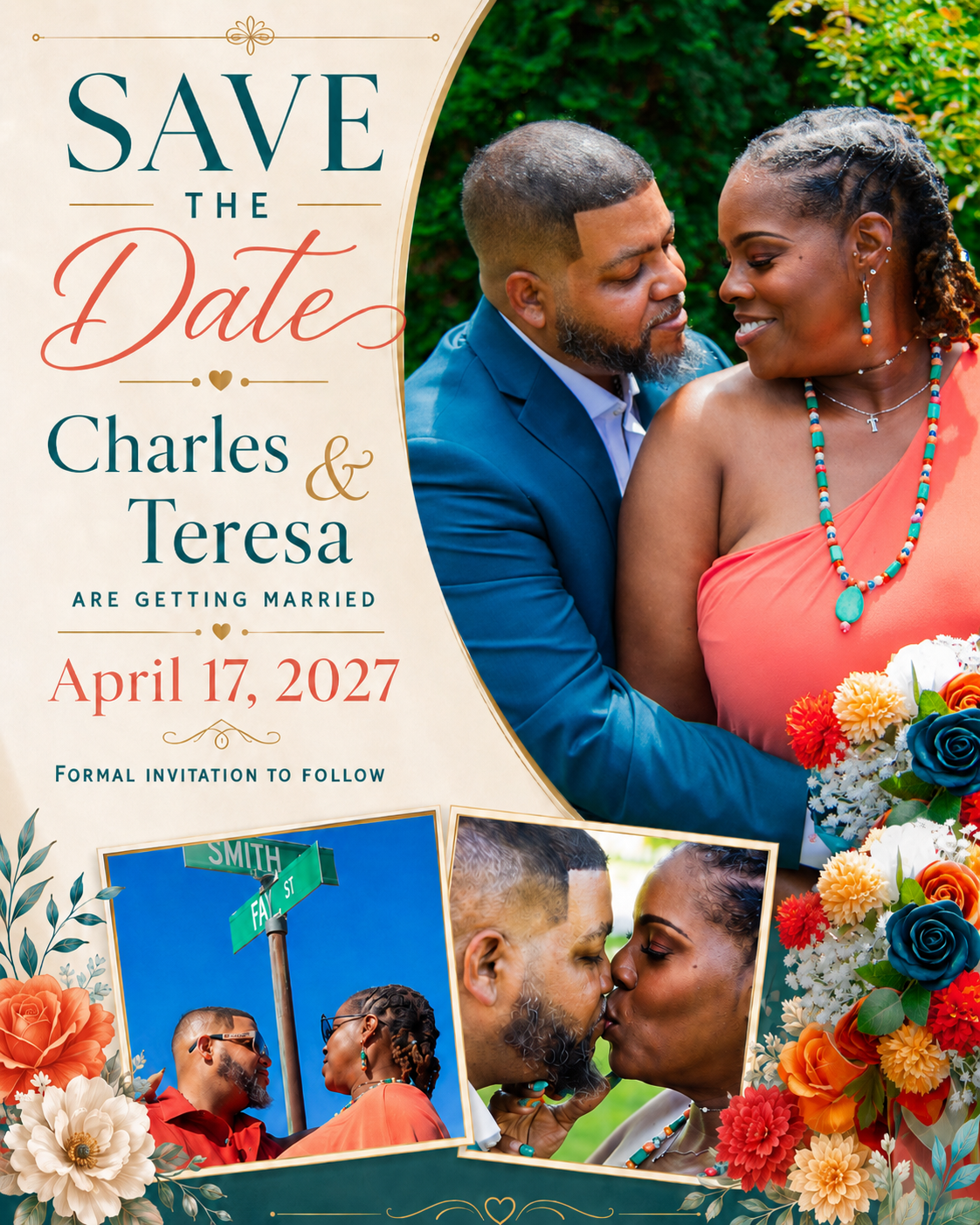 Charles & Teresa embracing — Save the Date